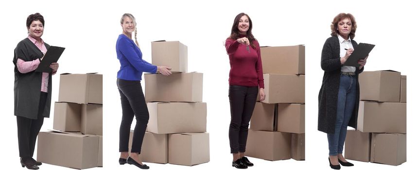 Collage of people lifting heavy cardboard box isolated on white background.