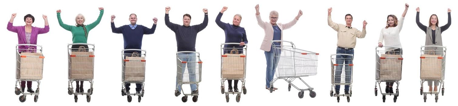 group of people with cart raised their hands up isolated on white background