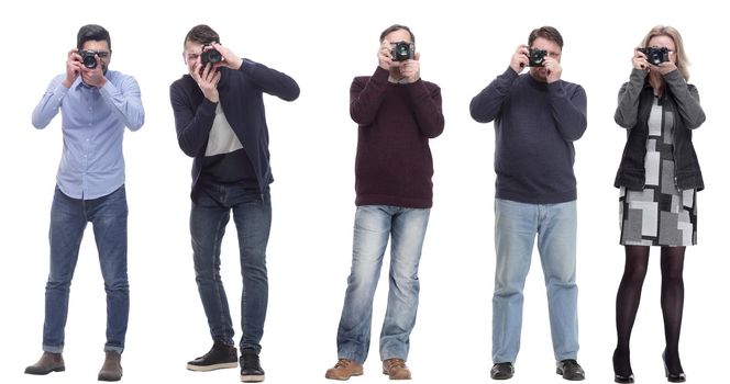 Many Double Twelve Group paparazzi photographers with cameras isolated on white collage