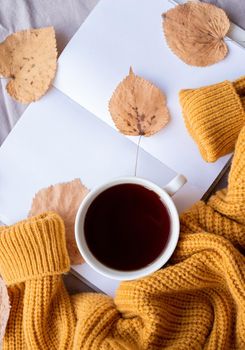 Hello fall. Cozy warm image. Cozy autumn composition, sweater weather. Pumpkins, hot black tea and sweaters