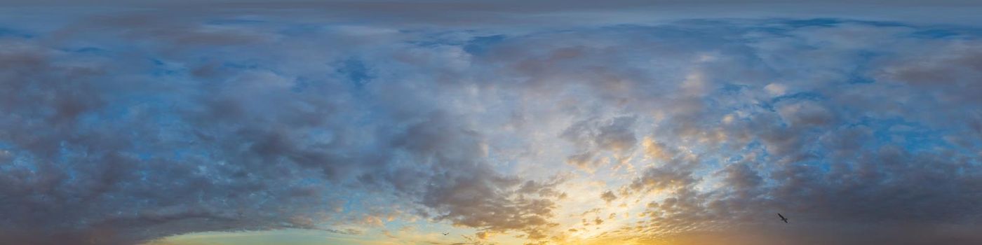 Dark blue sunset sky panorama with pink Cumulus clouds. Seamless hdr 360 pano in spherical equirectangular format. Full zenith for 3D visualization, game, sky replacement for aerial drone panoramas