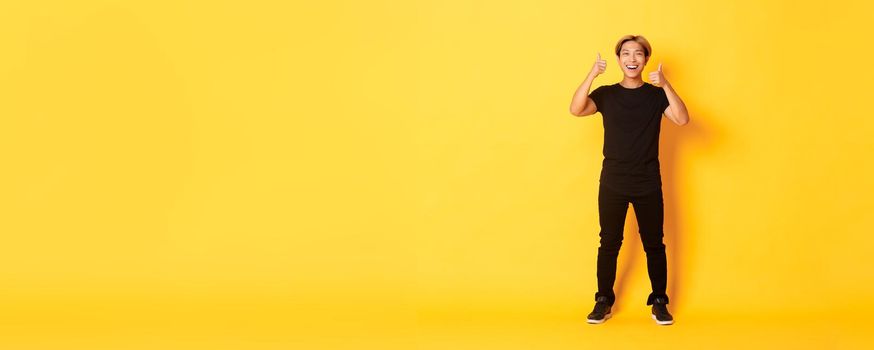 Full-length of satisfied handsome asian guy smiling, showing thumbs-up in approval, yellow background.