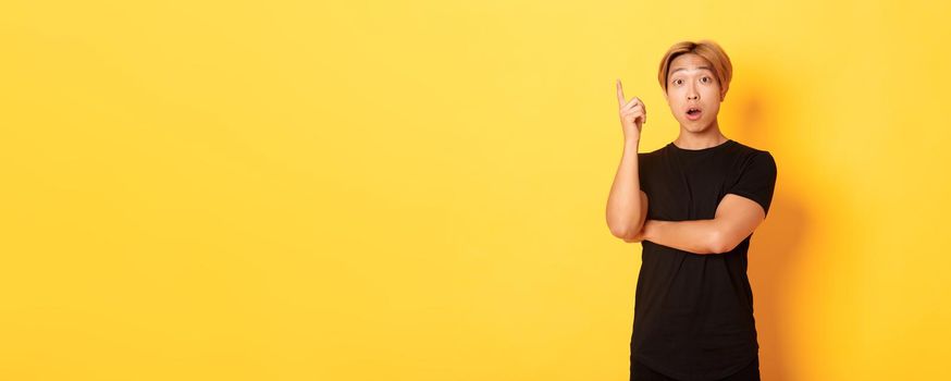 Portrait of thoughtful handsome asian man raising finger, suggesting idea, standing yellow background.
