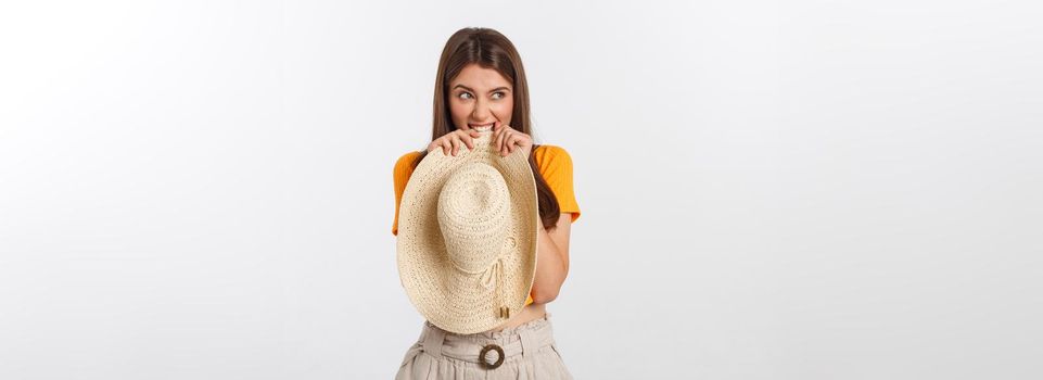 Travel concept - Close up Portrait young beautiful attractive girl wtih trendy hat and smiling. White Background. Copy space