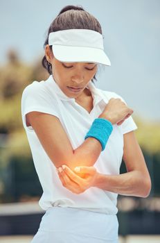 Tennis woman, elbow pain and abstract injury on sports court in wellness exercise, training and health workout. Fitness stress, burnout and medical emergency or arm accident for athlete in match game.