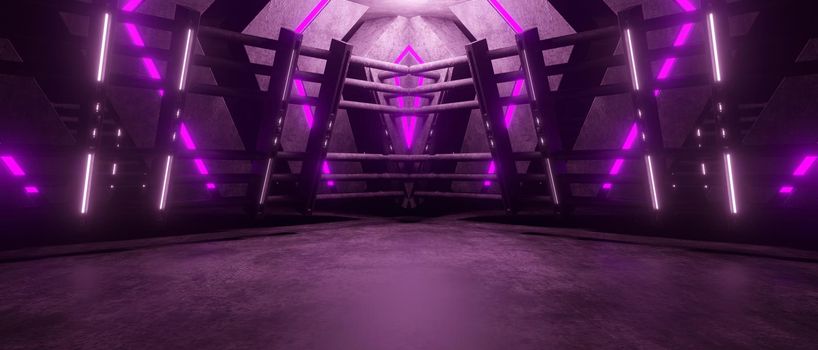 High Tech Modern Alien Fashion Dance Club Showroom Hallway Tunnel Corridor Concrete Cyber Virtual Dark Oval Purple Pink Background Colored 3D Rendering