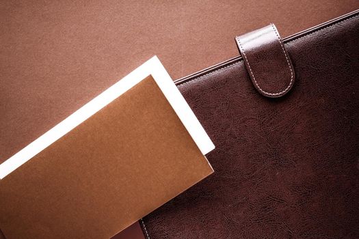 Productivity, work and corporate lifestyle concept - Vintage business briefcase on the office table desk, flatlay background