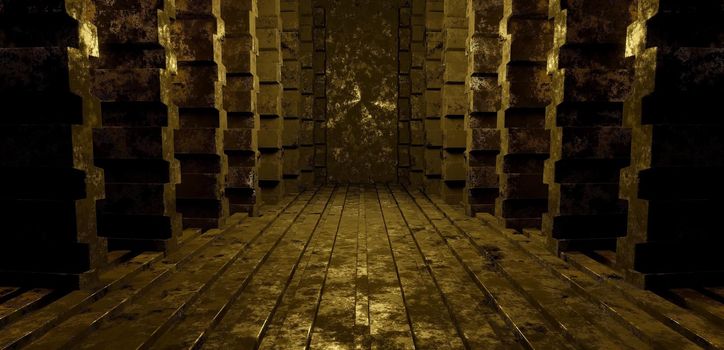 Rusty Metal Grain, Old Tunnel or Hallway Concept Style Abstract Background 3D Render Illustration