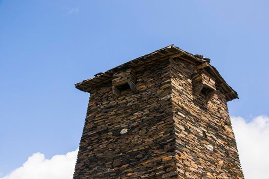 Keselo towers in Omalo village, Tusheti, Georgia. Old stones towers, touristic place