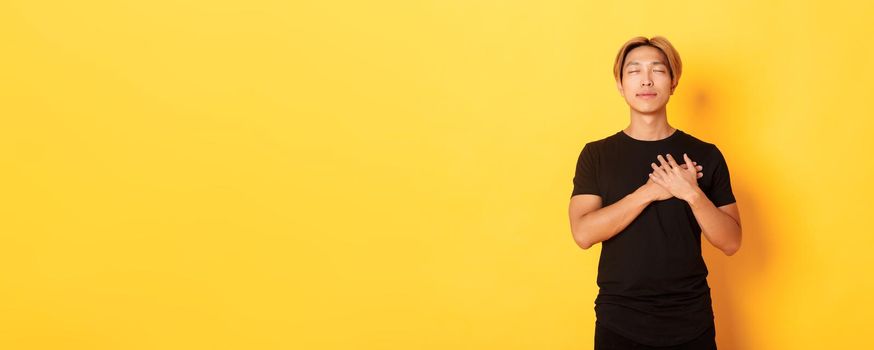 Portrait of touched handsome asian guy holding hands on heart and smiling flattered, yellow background.