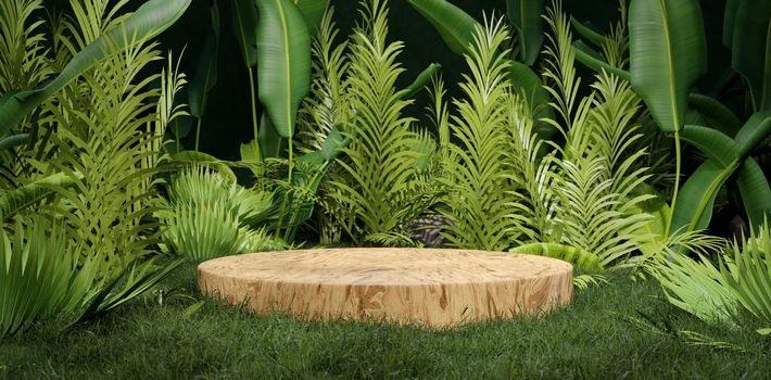 Concrete Wood Texture Podium In Tropical Forest For Product Presentation And Green Wall. 3D Illustration