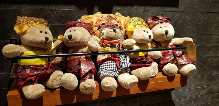 Group of Fluffy Stuffed Bear Toys Wearing various Clothes, teddy bear stuffed animal sitting in the wood bracket