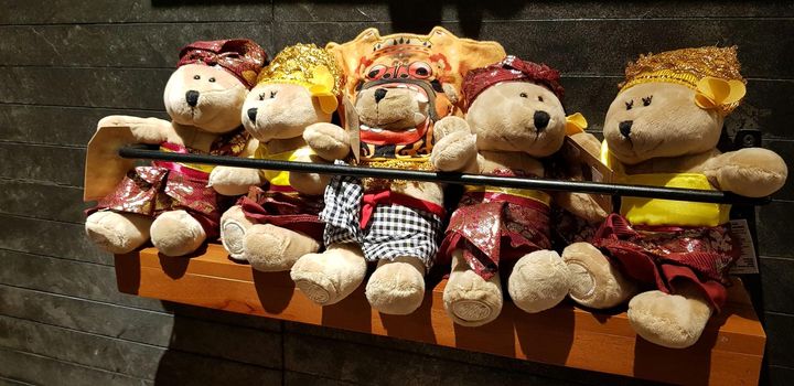 Group of Fluffy Stuffed Bear Toys Wearing various Clothes, teddy bear stuffed animal sitting in the wood bracket