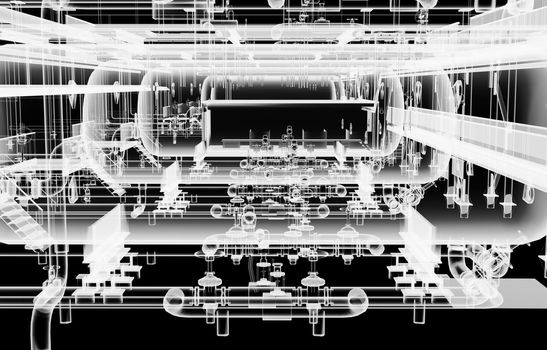 Industrial equipment. X-Ray 3d illustration on black background. Non-destructive testing concept