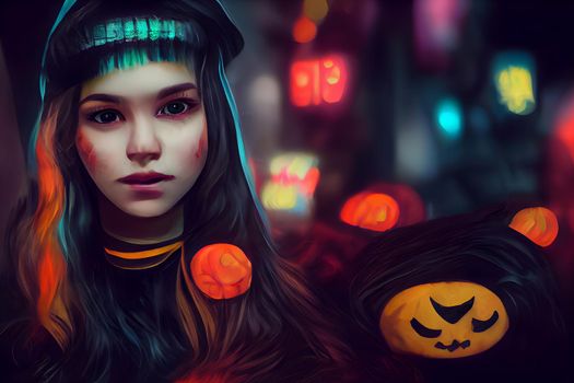Caucasian woman at night in witch costume and makeup, halloween look, night illuminated street. Neural network generated art. Digitally generated image. Not based on any actual scene or pattern.
