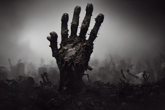 zombie hand rising up from grave in misty night graveyard, famous halloween horror concept, neural network generated art. Digitally generated image. Not based on any actual scene or pattern.