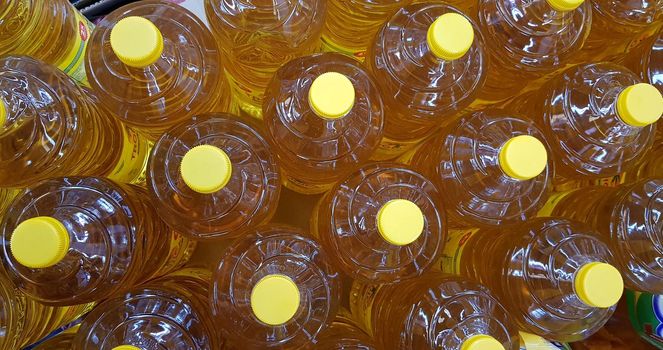 Close up top view of bottled cooking oil to be used for cooking selective focus.