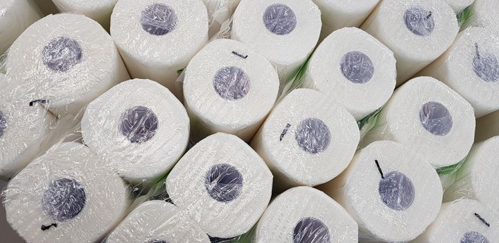 top view of lots of toilet paper rolls. soft hygienic paper. close up during the covid pandemic