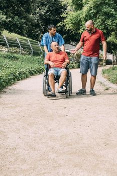 disabled man in a wheelchair talking with his caretaker and a friend at park, concept of medical care and rehabilitation of people with disabilities and reduced mobility problems, vertical photo