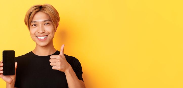 Satisfied handsomea young asian guy with fair hair, showing thumbs-up in approval and smartphone screen, standing over yellow background.