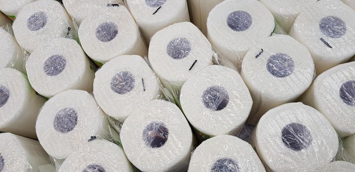 top view of lots of toilet paper rolls. soft hygienic paper. close up during the covid pandemic