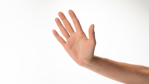 Female open palm gesture to give five or say hello. High quality photo