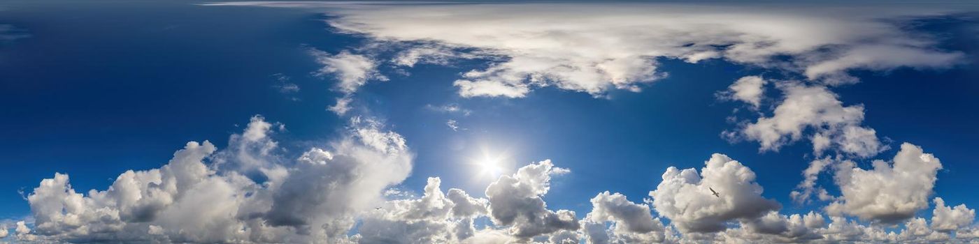 Sky panorama with Cirrus clouds in Seamless spherical equirectangular format. Full zenith for use in 3D graphics, game and editing aerial drone 360 degree panoramas for sky replacement