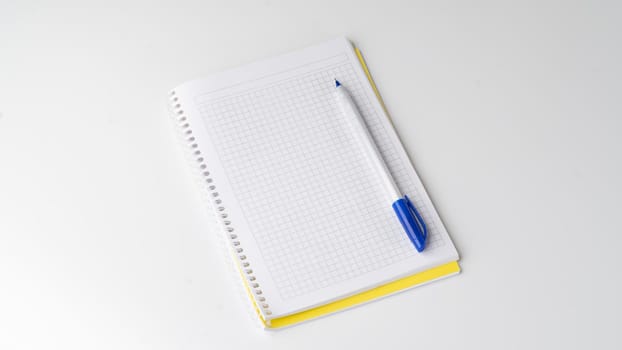 Checkered notebook with pen on white background, space for inscription. High quality photo