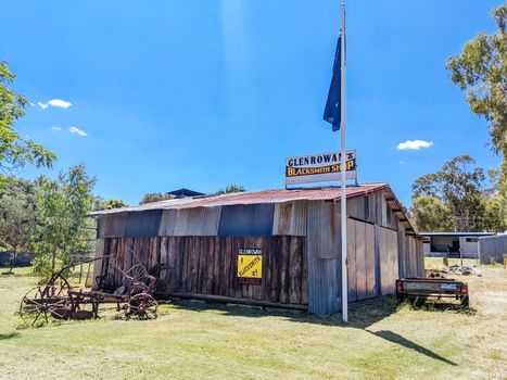 GLENROWAN, AUSTRALIA- DECEMBER 27 2021: The historic town of Glenrowan and its historic precinct, famous for its Kelly Gang history on a warm summer's day in Victoria, Australia