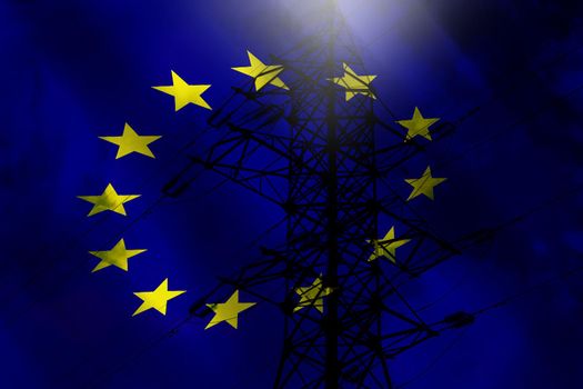 Power plant against the background of a dark sky and the flag of the European Union. Energy crisis in Europe.