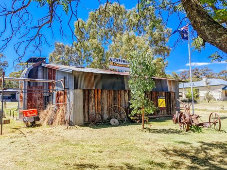 GLENROWAN, AUSTRALIA- DECEMBER 27 2021: The historic town of Glenrowan and its historic precinct, famous for its Kelly Gang history on a warm summer's day in Victoria, Australia