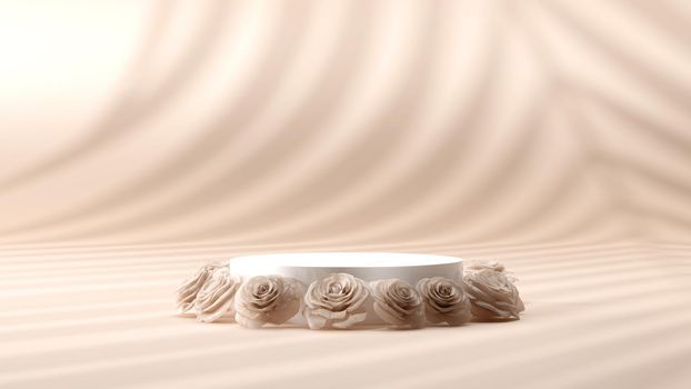 Wooden podium with dried rose and petals to demonstrate products, cosmetics and gifts. Valentine, mother day and women day concept