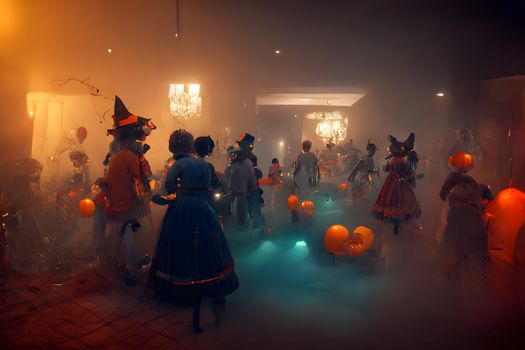 halloween decorated home costumed party in interior with smoke or fog, neural network generated art. Digitally generated image. Not based on any actual scene or pattern.
