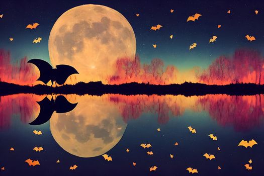 halloween background, bats, pumpkins, reflections on water, large full moon and stars at night, neural network generated art. Digitally generated image. Not based on any actual scene or pattern.