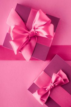 Baby shower girl, celebration, present concept - Pink gift boxes, feminine style flatlay background