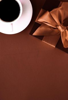 Romantic present, cafe backdrop and drink concept - Coffee cup and luxury gift box flatlay background