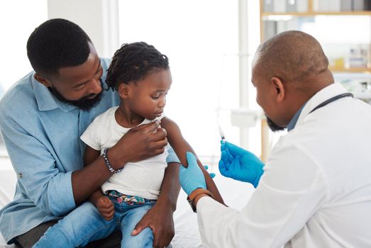 Healthcare, covid vaccine and doctor with kid, patient and father holding baby for shot in hospital. Girl, children and family clinic medical nurse with needle for virus and flu