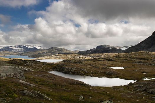 Landscape showing lakes and mountains in a place in route 55 in Norway