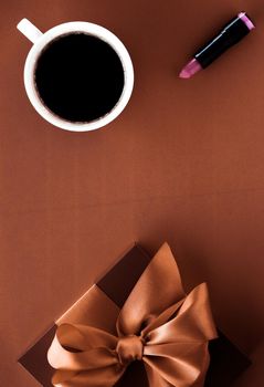 Romantic present, cafe backdrop and drink concept - Coffee cup and luxury gift box flatlay background