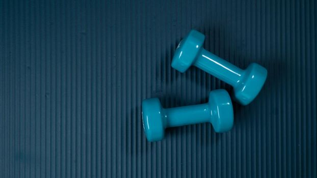 Dumbbells for training on a sports mat - a place for inscription. High quality photo