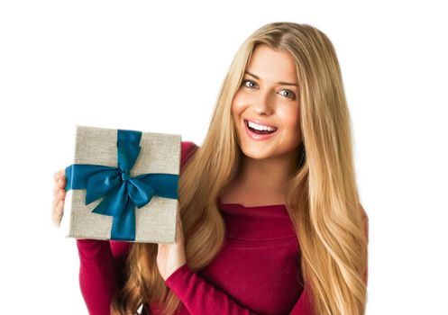 Holiday present, happy woman holding a gift or luxury beauty box subscription delivery isolated on white background, portrait