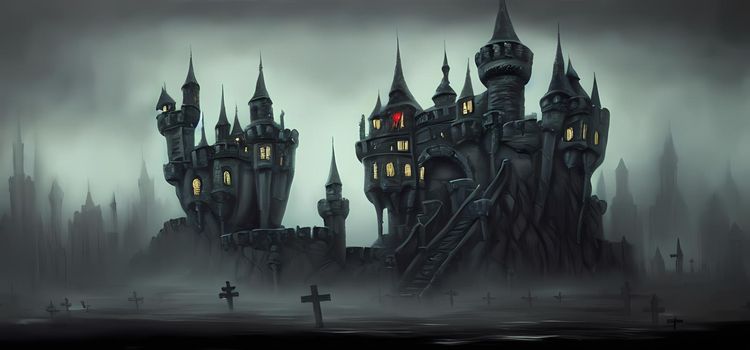 Halloween concept background of a castle and graveyard.Digital art painting for book illustration,background wallpaper, concept art.