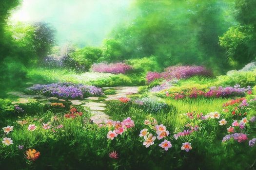 3D render digital painting of garden with flowers and trees, Floral HD wallpaper 3D illustration