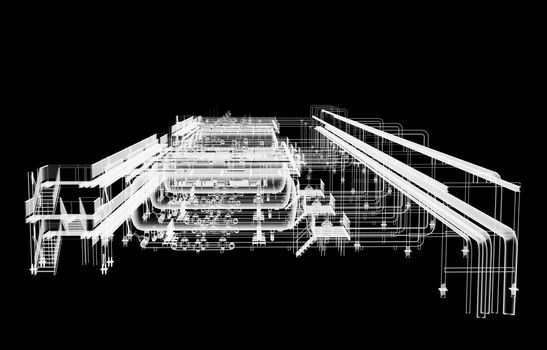 Industrial equipment. X-Ray 3d illustration on black background. Non-destructive testing concept