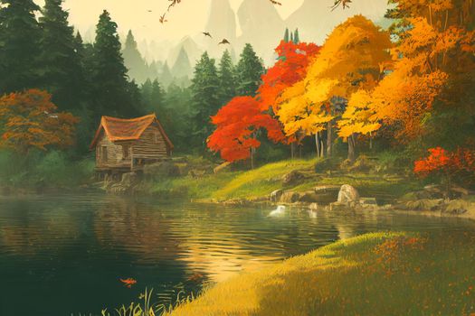 3D render digital painting of cabin near a river in the redwood forest. Autumn wallpaper theme.