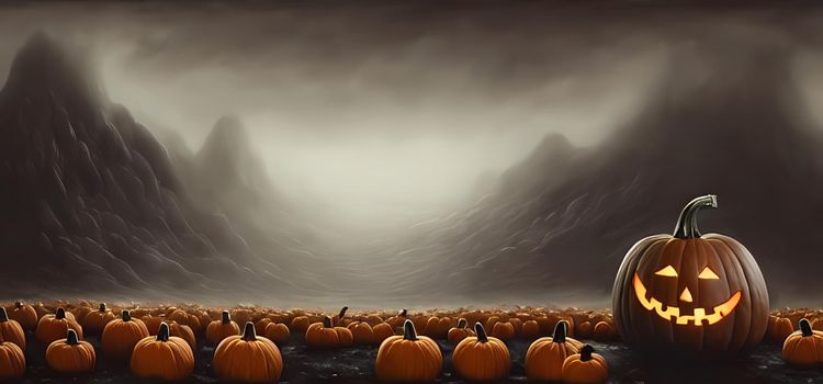 Surreal halloween jack o lantern banner background. Digital art painting for book illustration,background wallpaper, concept art.