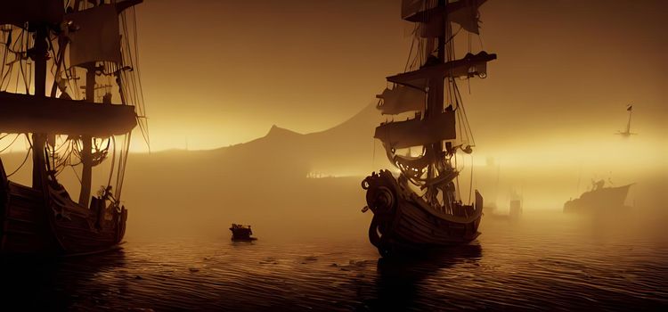 Ship at sea on an orange golden hour misty foggy scene. Digital art painting for book illustration,background wallpaper, concept art.