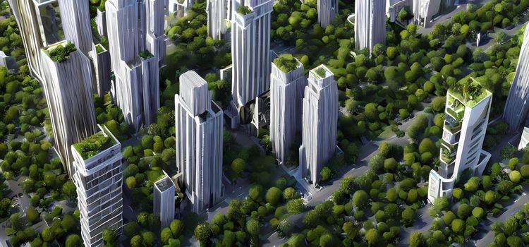 Abstract green city with high rise buildings and terraces covered in vegetation, for environmental architecture backgroundsDigital art painting for book illustration,background wallpaper, concept art.