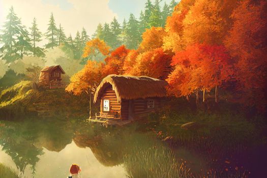 3D render digital painting of cabin near a river in the redwood forest. Autumn wallpaper theme.