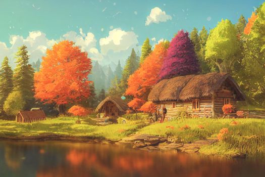 3D render digital painting of cabin near a river in the redwood forest. Autumn wallpaper theme.